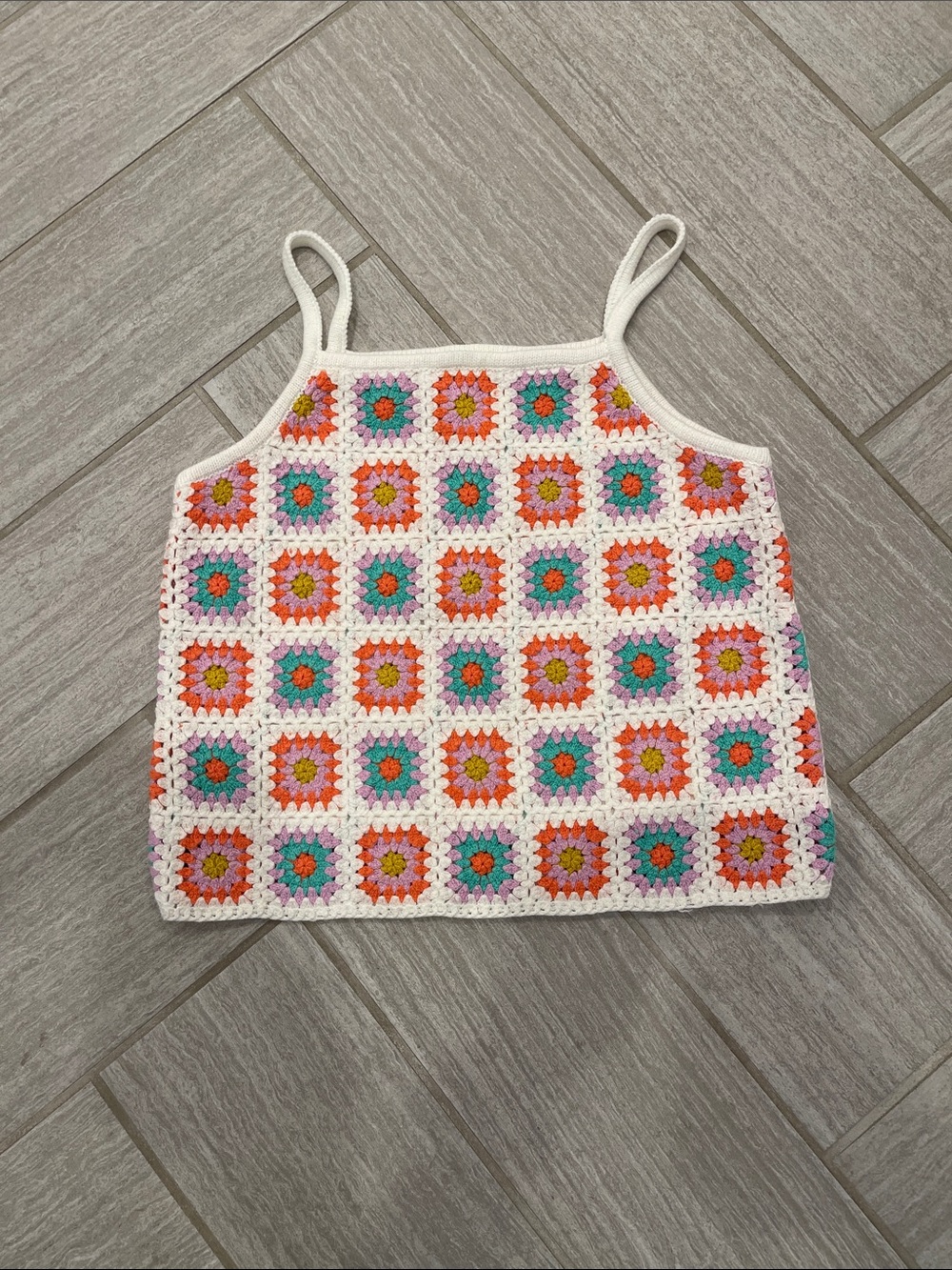 Girl’s Crochet Square Tank Top - White with Pink, Orange & Teal Flowers